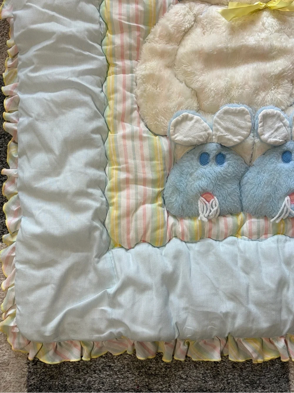 Vtg 80s 90s Baby Blanket Quilt Teddy Bear Bunny Slippers Pastel Ruffle 32x40